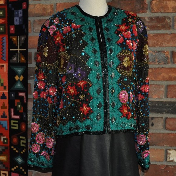 Vtg Frank Usher Heavily Beaded Sequin Silk Multicolor Floral Matador Jacket S - Picture 1 of 10